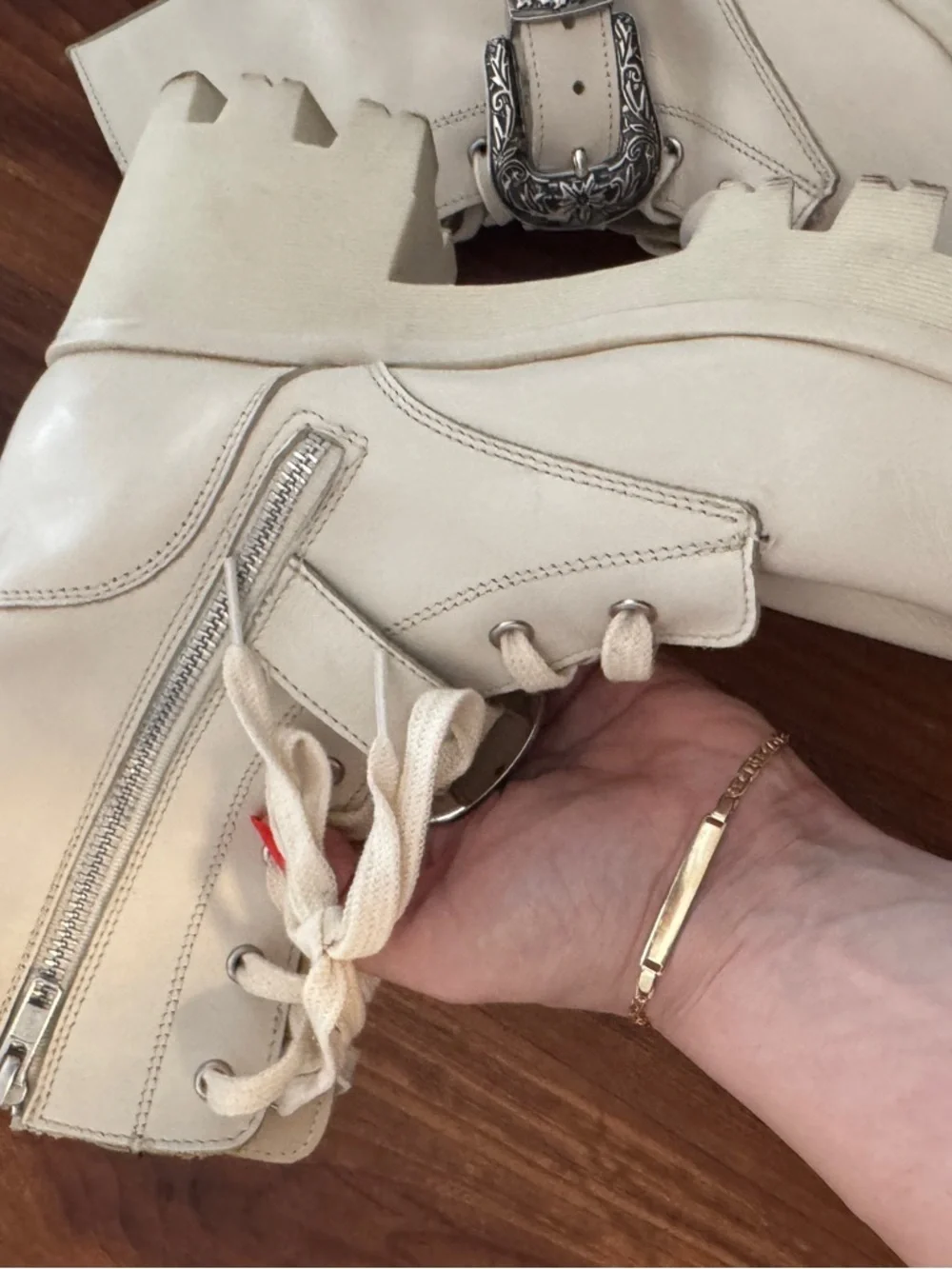 dingo Cream Lace-Up Lug Sole Boot with Silver Buckle
